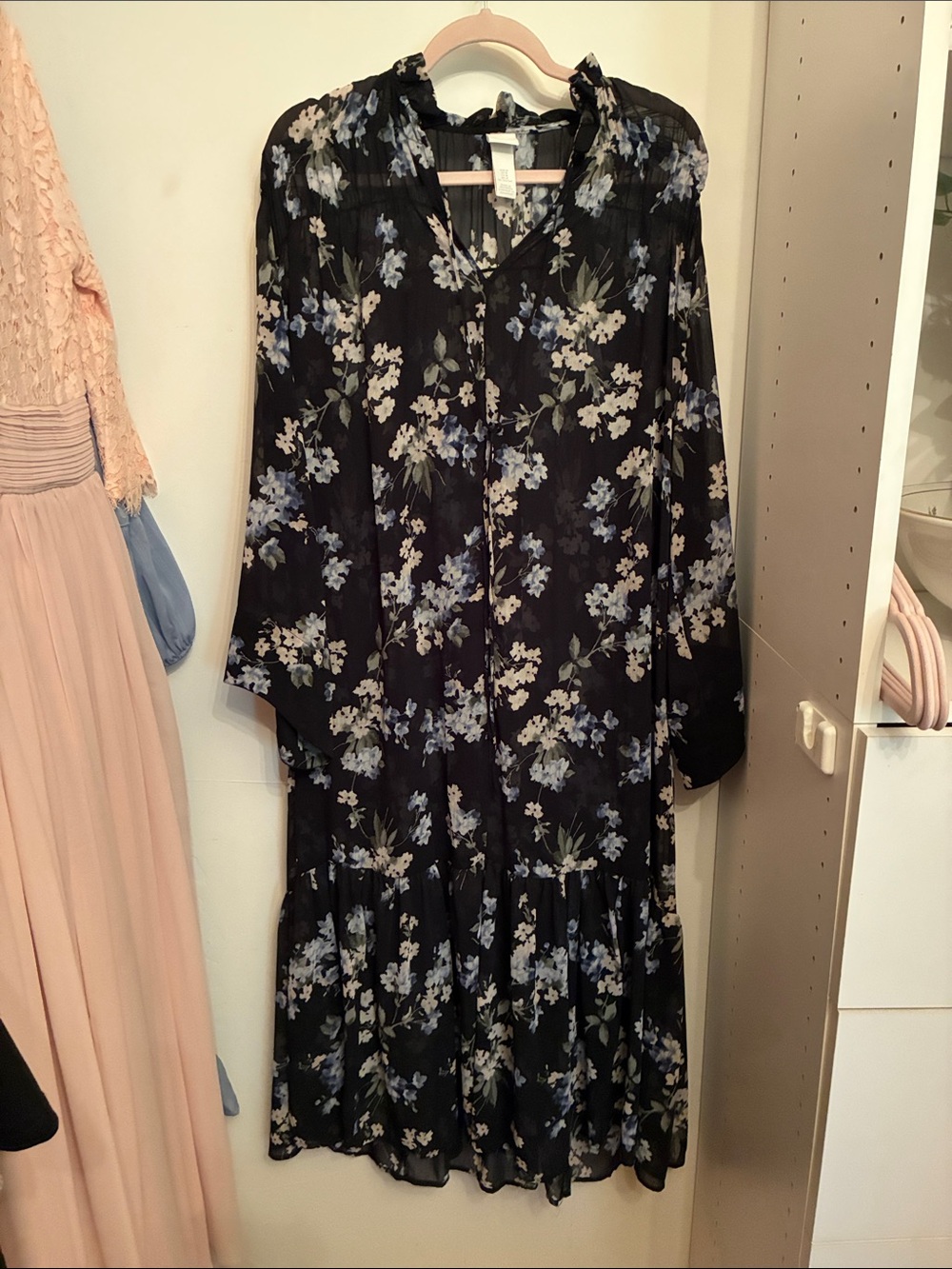 H&M Black Floral Long-Sleeve Midi Dress with Blue & White Blooms